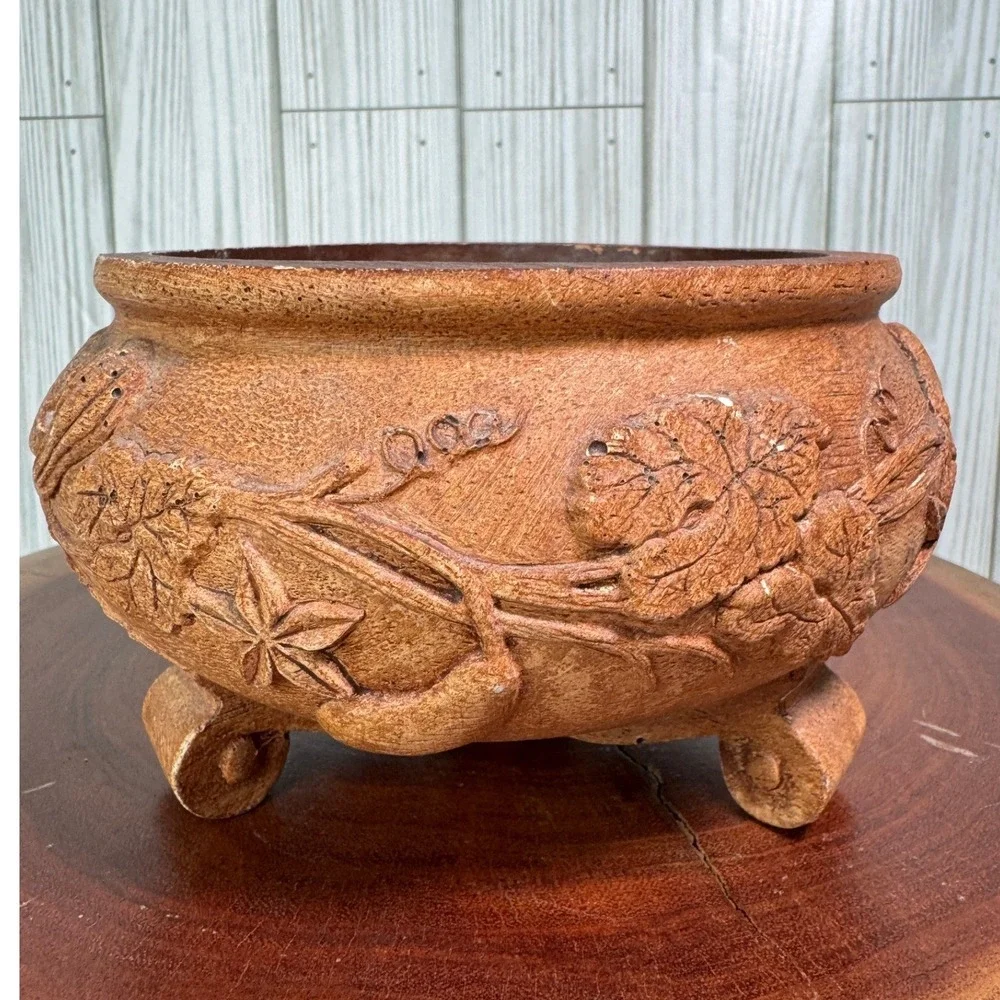 Vintage FTDA Planter Bowl Faux Wood Floral Embossed Footed Made in USA Brown